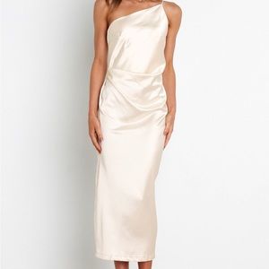 Ivory, one shoulder dress.